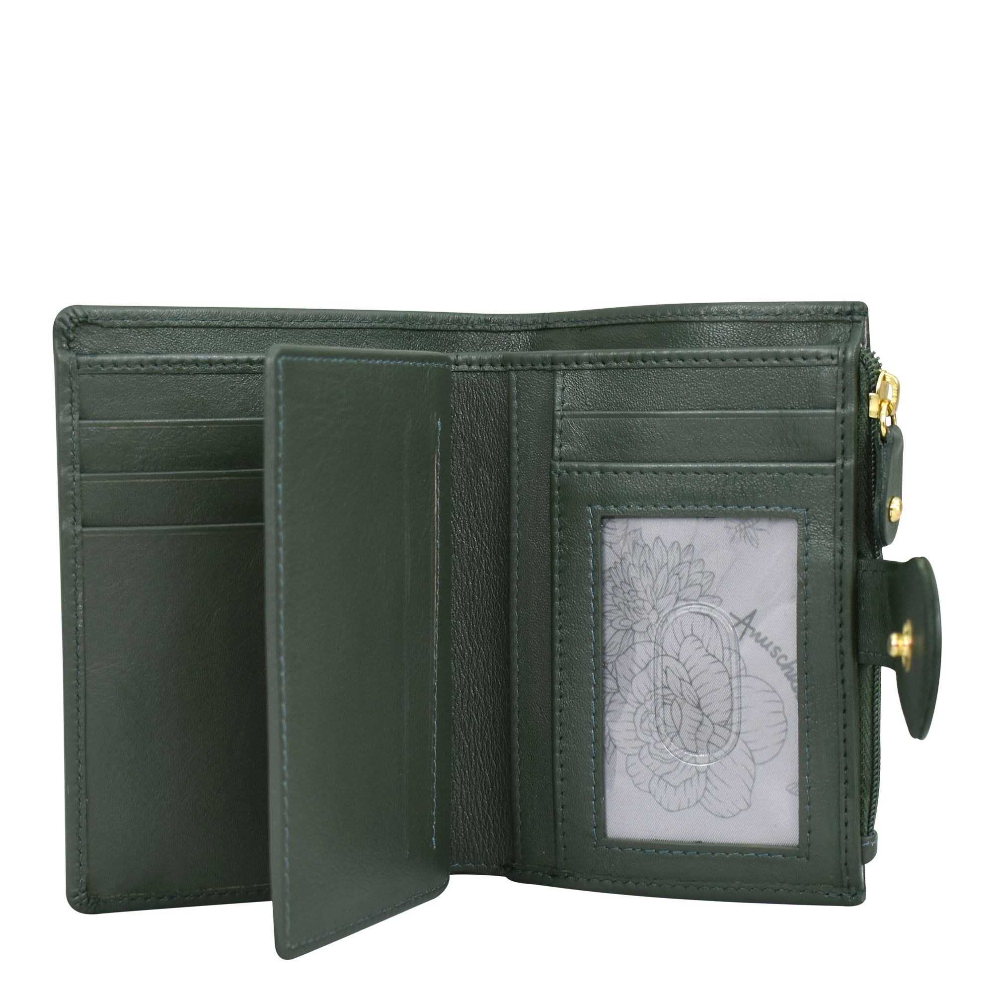 Anuschka's Two Fold Organizer Wallet - 1178 is a compact green leather wallet featuring multiple card slots, an ID window with a hand-painted floral design, and a buttoned coin pocket.