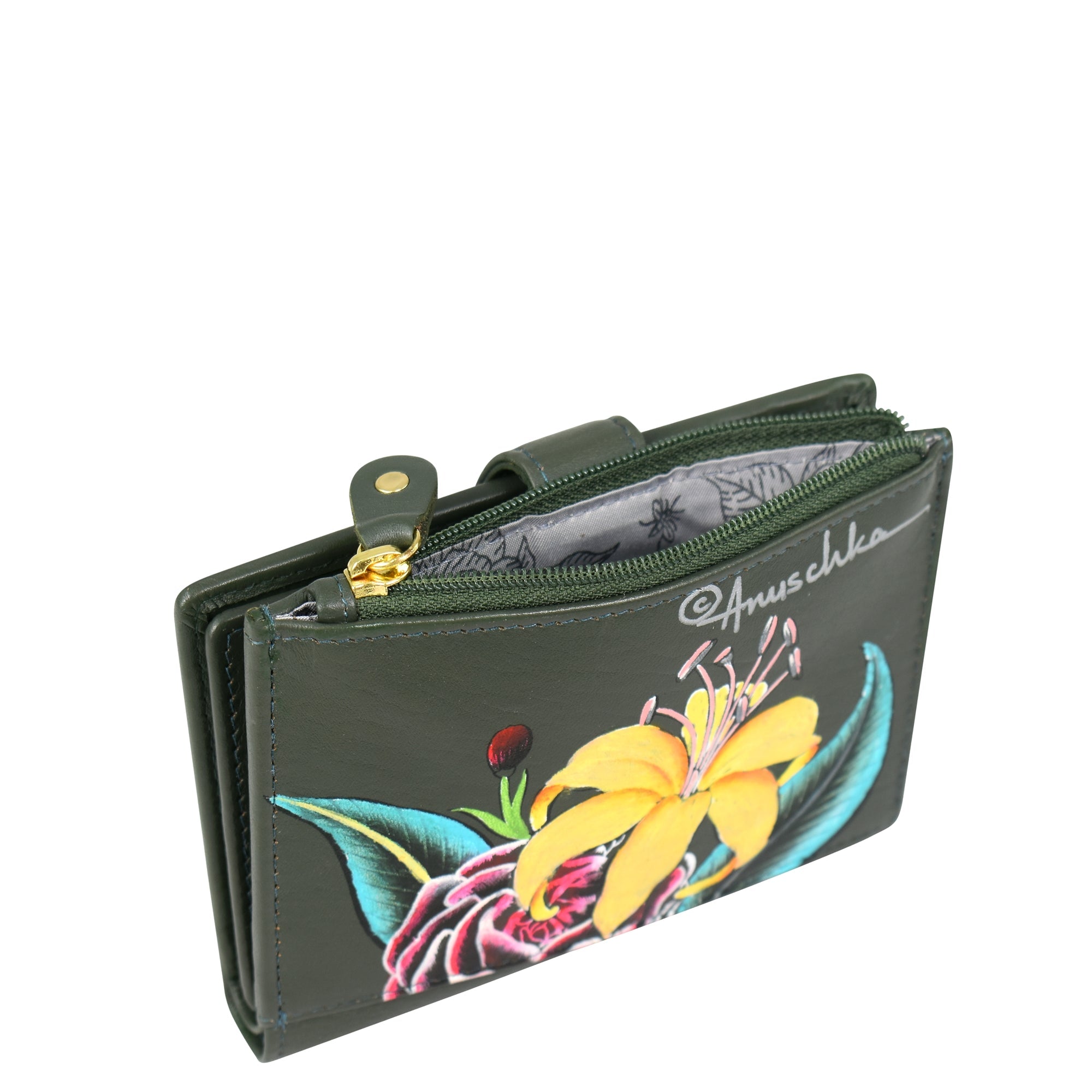 The Two Fold Organizer Wallet - 1178 by Anuschka is a compact, genuine leather wallet featuring a floral design with a zippered coin pocket. Painted yellow and pink flowers adorn the front, while the brand name "Anuschka" is subtly displayed near the top.