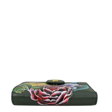 Load image into Gallery viewer, A Two Fold Organizer Wallet - 1178 from Anuschka in black genuine leather featuring a hand-painted red, pink, and green floral design on the front.
