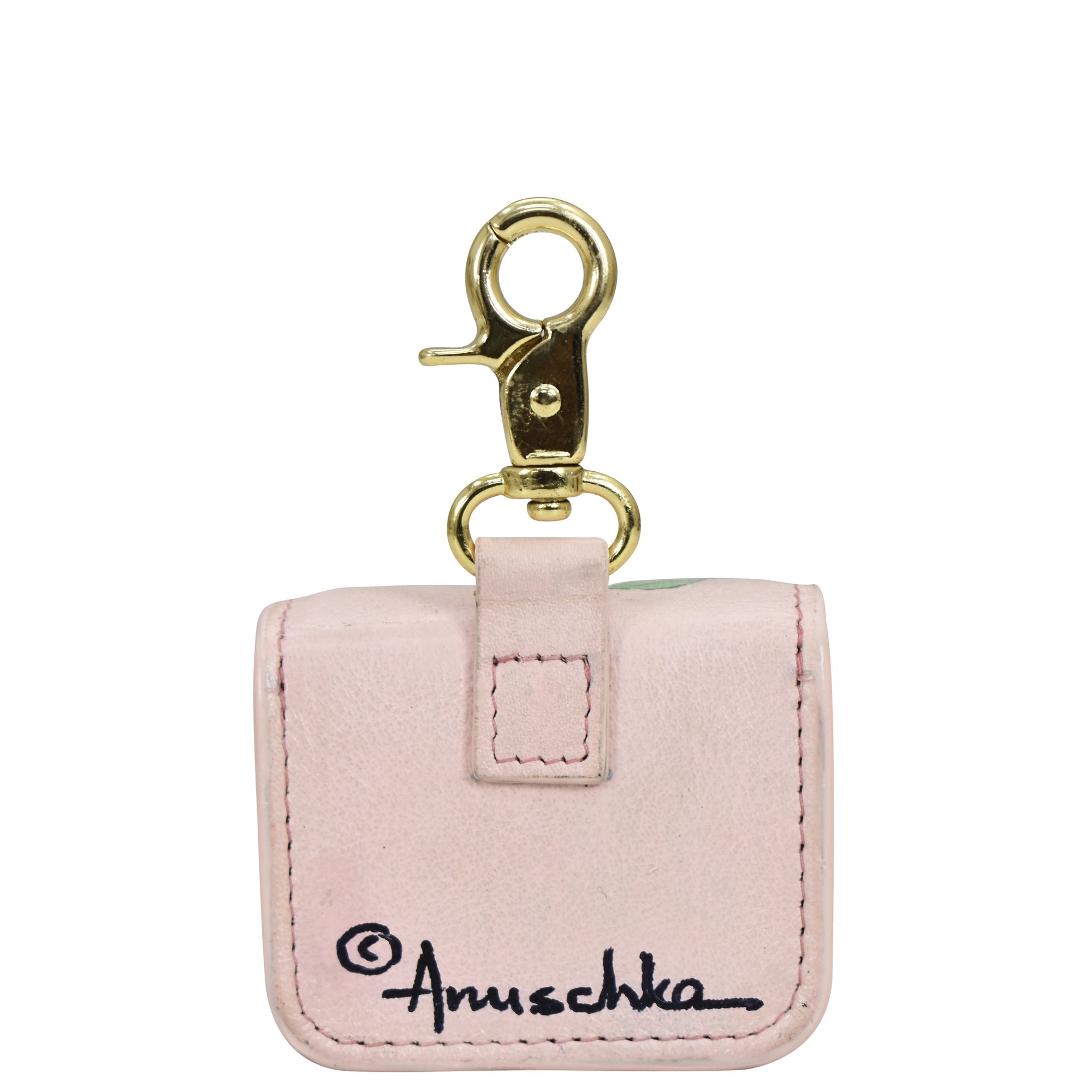 A floral and butterfly print genuine leather Airpod Pro Case - 1179 keychain wallet with a gold-toned clasp by Anuschka.