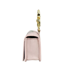 Load image into Gallery viewer, Side view of a small pink leather Anuschka Airpod Pro Case - 1179 with premium hardware and a gold-colored clasp against a white background.
