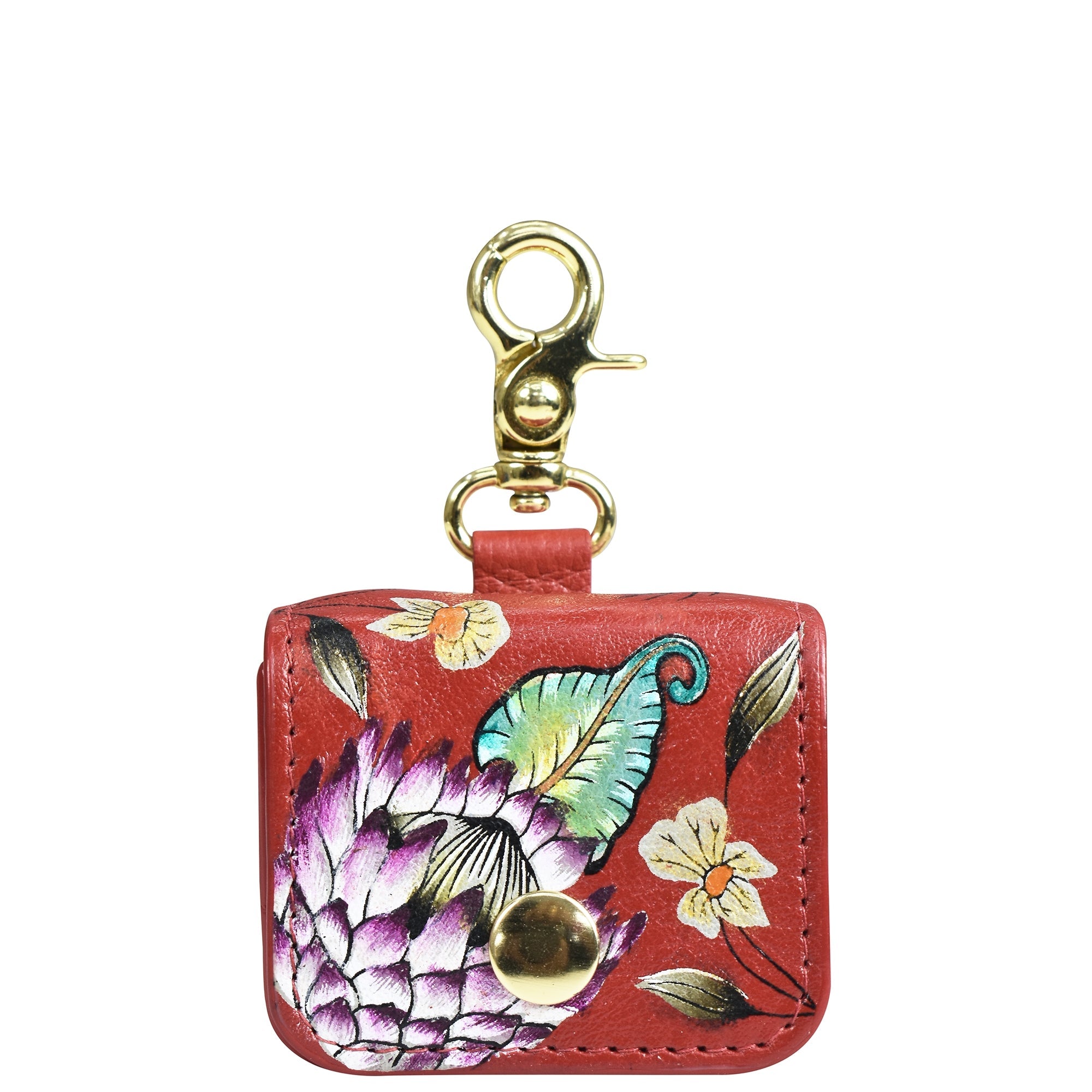 Floral-patterned red genuine leather Anuschka Airpod Pro case with a gold-colored clasp.