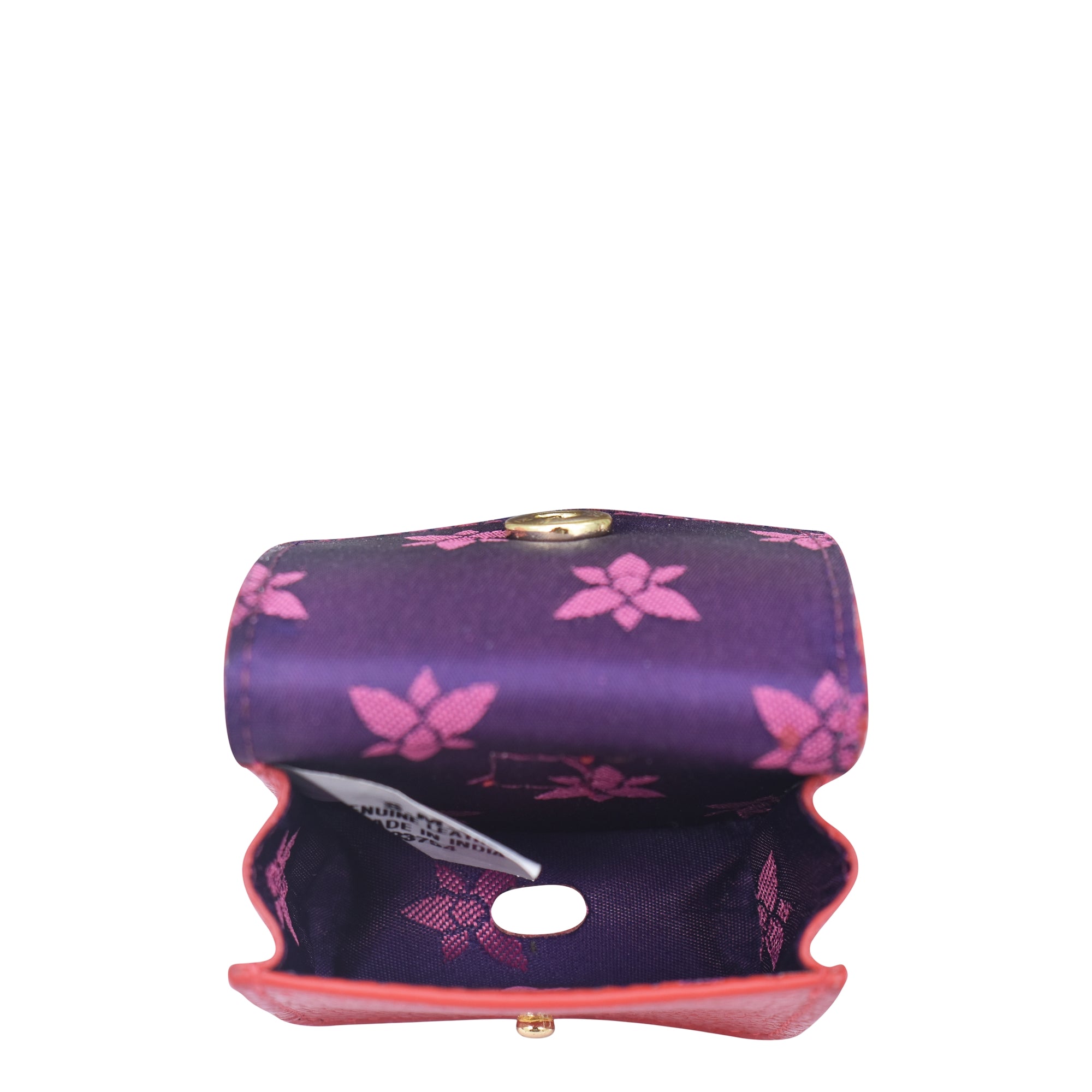 A small, open, purple and pink floral patterned pouch with a metal clasp, perfect for storing items like the Anuschka Airpod Pro Case - 1179, showing its interior and a label inside.