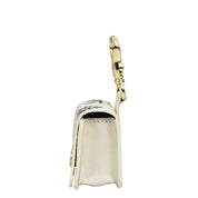 Side profile of a white Anuschka Airpod Pro Case - 1179 with a gold clasp closure and handle.