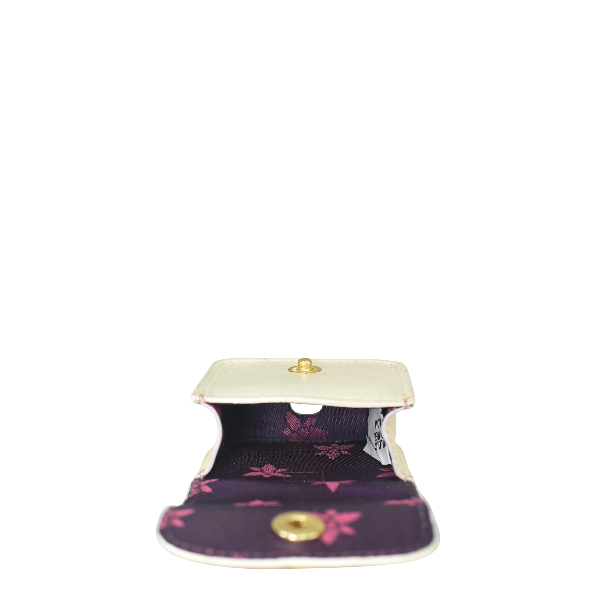 Small, open white coin purse with a purple fabric interior and a clasp closure, displaying floral patterns inside. This elegant accessory can also double as a chic Airpod Pro Case - 1179 by Anuschka, ensuring your items stay secure in style.