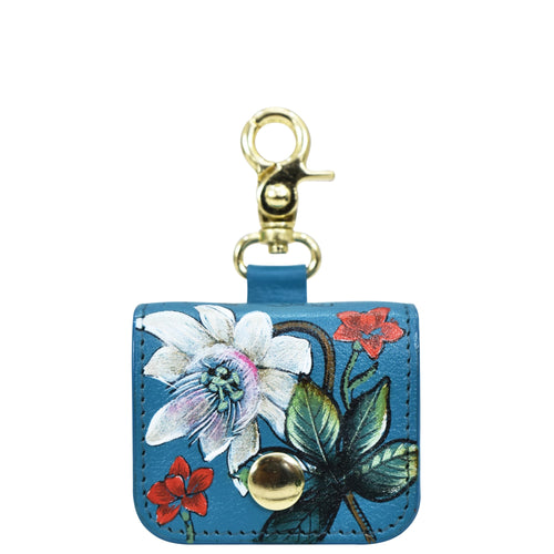 Blue floral genuine leather Airpod Pro Case - 1179 wallet with a gold-tone clasp by Anuschka.