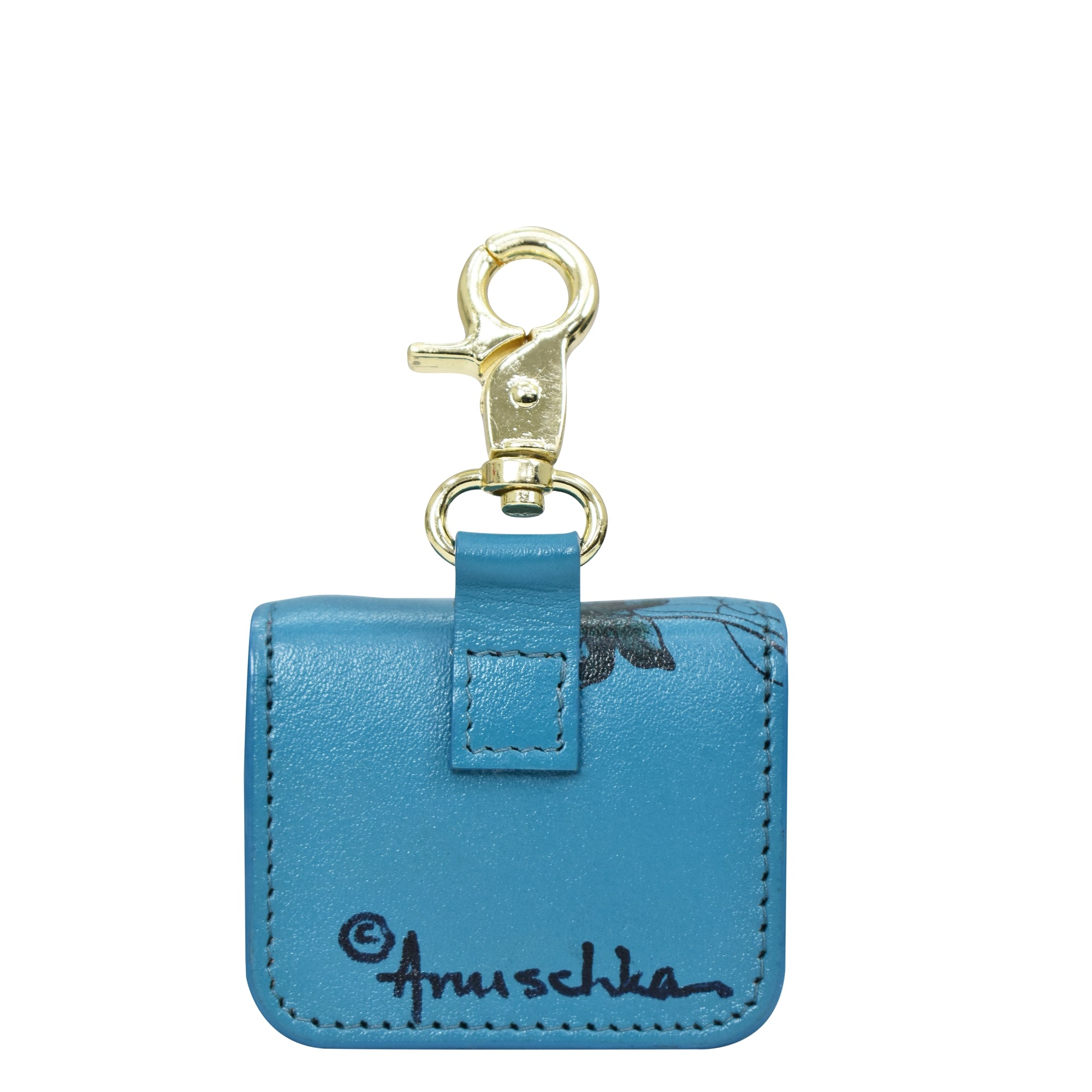 Blue floral genuine leather Airpod Pro Case - 1179 wallet with a gold-tone clasp by Anuschka.