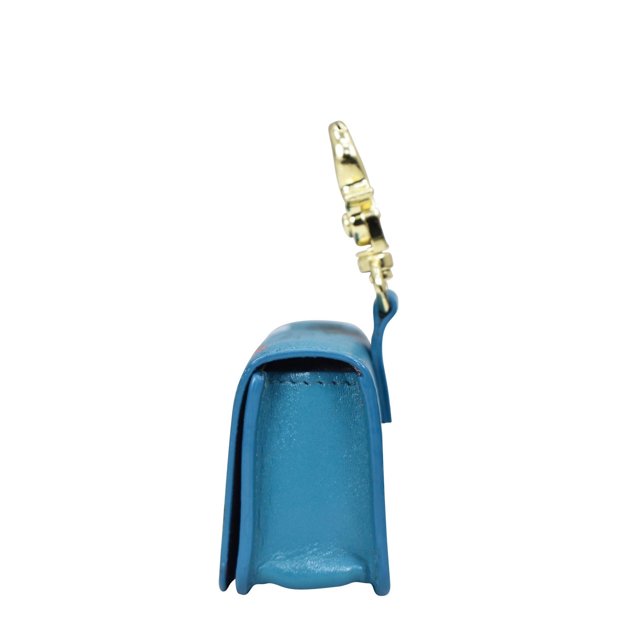 Side view of a blue Anuschka Airpod Pro Case - 1179 with a gold clasp and premium hardware handle attachment.