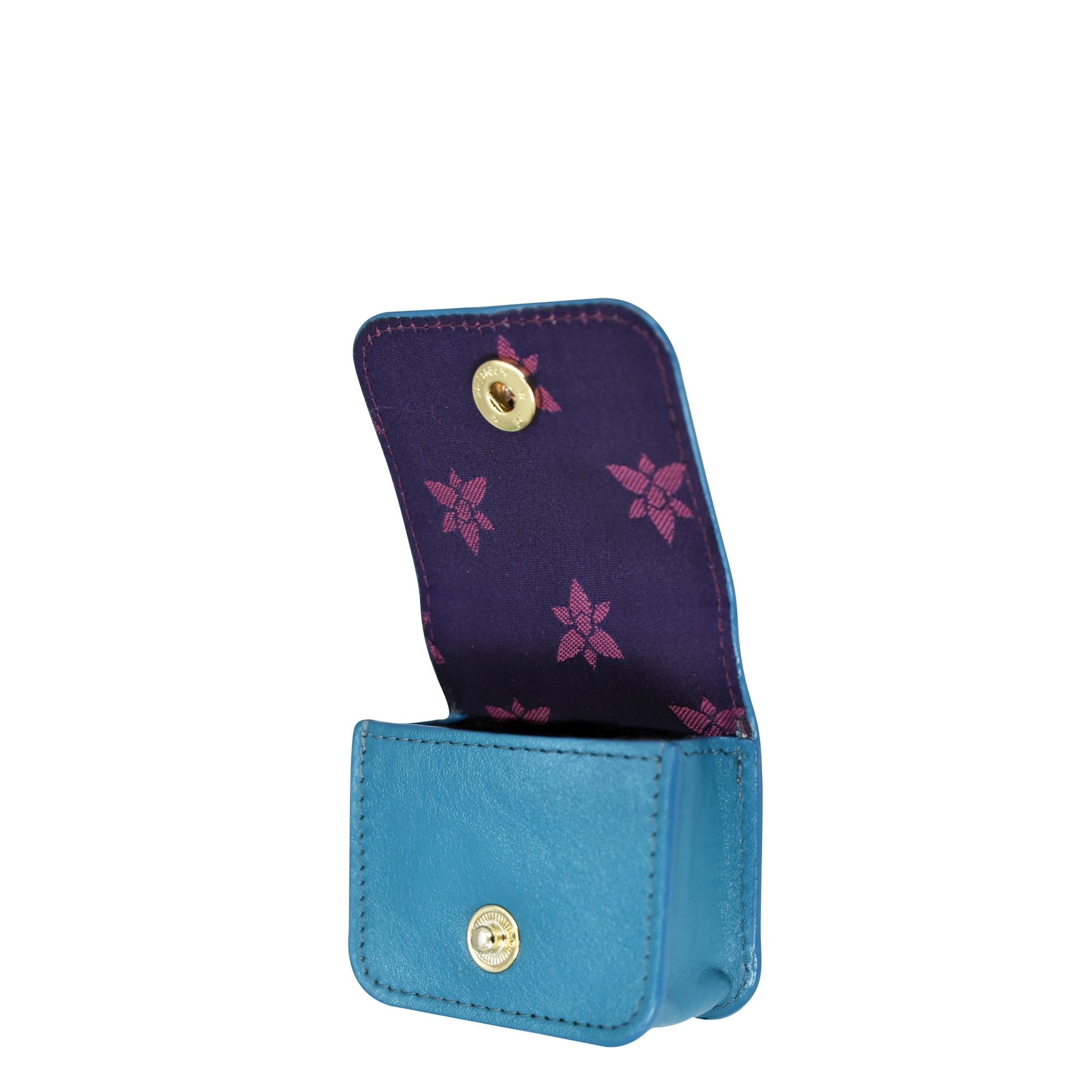 A small blue genuine leather pouch with premium hardware, opened to reveal a purple interior patterned with pink floral designs, is the Anuschka Airpod Pro Case - 1179.