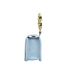 Load image into Gallery viewer, A side view of a small, light blue leather case with a gold clasp attached to a keyring, isolated on a white background. Crafted from genuine leather, the Anuschka Airpod Pro Case - 1179 offers both style and durability.
