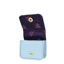 Load image into Gallery viewer, A small, light blue genuine leather pouch with a gold snap button closure. The interior is lined with dark purple fabric featuring a pattern of pink floral designs, perfect for holding your Anuschka Airpod Pro Case - 1179.
