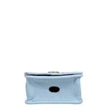 Load image into Gallery viewer, A small, light blue genuine leather pouch with a button closure on the top and a circular hole in the front, perfect for an Anuschka Airpod Pro Case - 1179.
