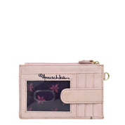 A pink Anuschka Card Holder with Wristlet - 1180, featuring a butterfly and floral print design and RFID protection.