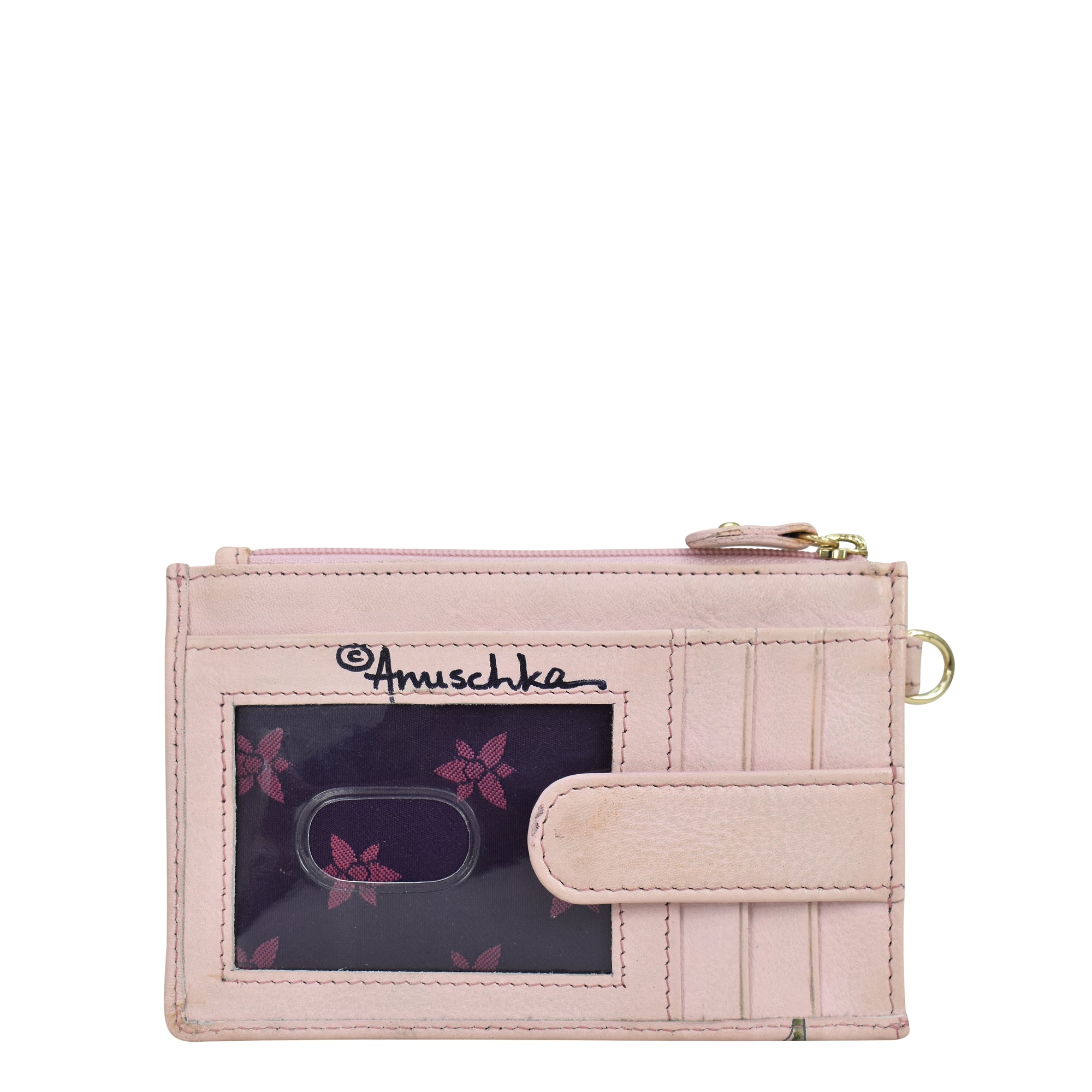 A pink Anuschka Card Holder with Wristlet - 1180, featuring a butterfly and floral print design and RFID protection.