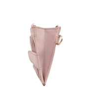 Side view of a pink genuine leather Anuschka Card Holder with Wristlet - 1180, with RFID protected card holders, featuring a gold-tone ring on the side.