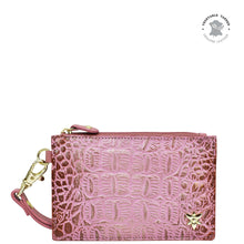 Load image into Gallery viewer, Pink leather minimalist Card Holder with Wristlet - 1180 with embossed crocodile texture and gold-tone hardware from Anuschka.
