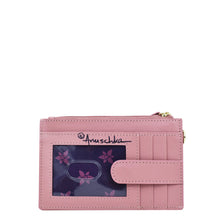 Load image into Gallery viewer, Pink leather Card Holder with Wristlet - 1180 with decorative floral design and Anuschka brand logo.
