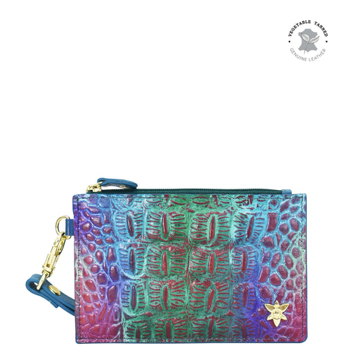 Anuschka's multicolored leather Card Holder with Wristlet - 1180 features embossed texture, gold-tone hardware, and RFID protection.