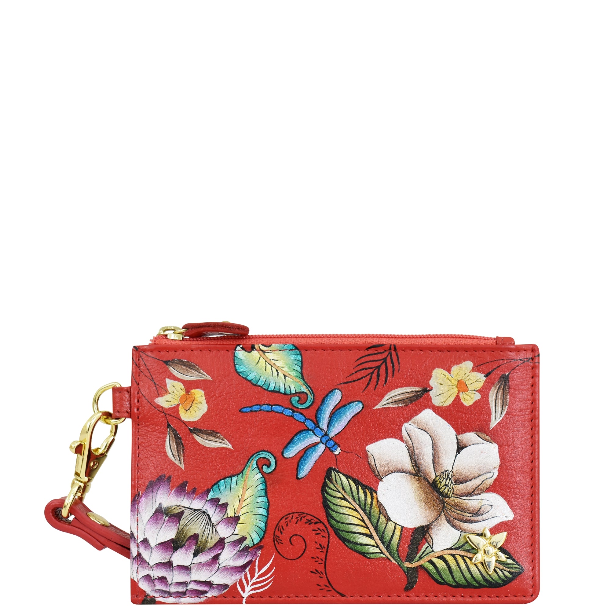 A red, genuine leather Card Holder with Wristlet - 1180 by Anuschka, adorned with colorful floral and dragonfly illustrations, featuring a gold-tone zipper and clasp on the side. This minimalist card holder is also RFID protected for added security.