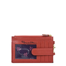 Load image into Gallery viewer, Red leather Anuschka RFID protected Card Holder with Wristlet - 1180 with floral and butterfly designs.
