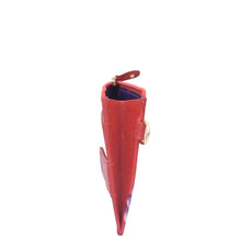 Load image into Gallery viewer, Red Anuschka card holder with wristlet - 1180 with a crocodile skin pattern and RFID protection, closed and standing upright.
