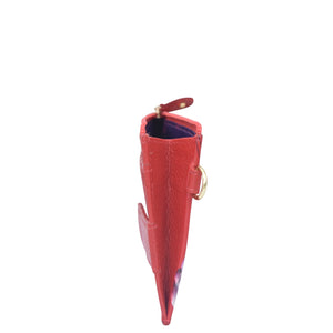 Red Anuschka card holder with wristlet - 1180 with a crocodile skin pattern and RFID protection, closed and standing upright.