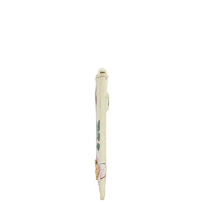 Painted flute with floral design on a white background, housed in an Anuschka Card Holder with Wristlet - 1180.