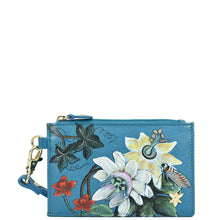 Load image into Gallery viewer, Blue floral-print Card Holder with Wristlet - 1180 by Anuschka with a gold-tone zipper and hardware, featuring a detachable wristlet strap.
