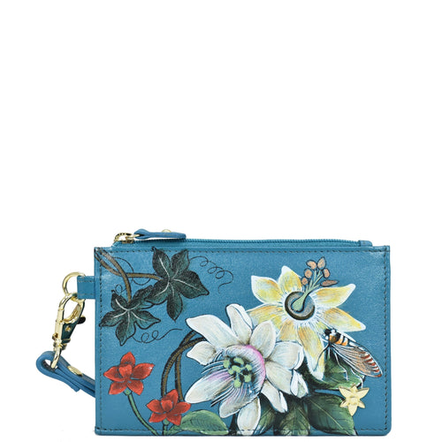 Blue floral-print Card Holder with Wristlet - 1180 by Anuschka with a gold-tone zipper and hardware, featuring a detachable wristlet strap.