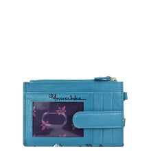Load image into Gallery viewer, Blue floral-print Card Holder with Wristlet - 1180 by Anuschka with a gold-tone zipper and hardware, featuring a detachable wristlet strap.
