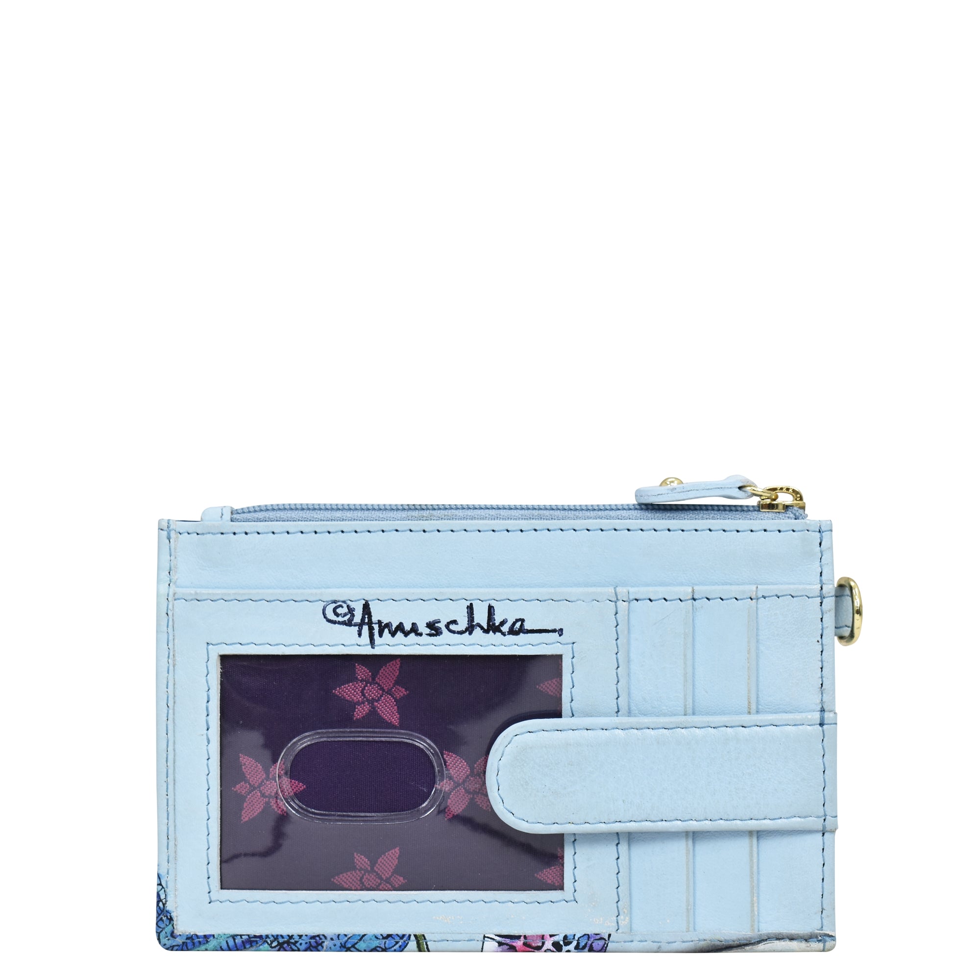 A light blue genuine leather cardholder with a transparent ID window, zipper compartment, and floral pattern. It features the brand name "Anuschka" and comes with RFID protection. The product name is "Card Holder with Wristlet - 1180.