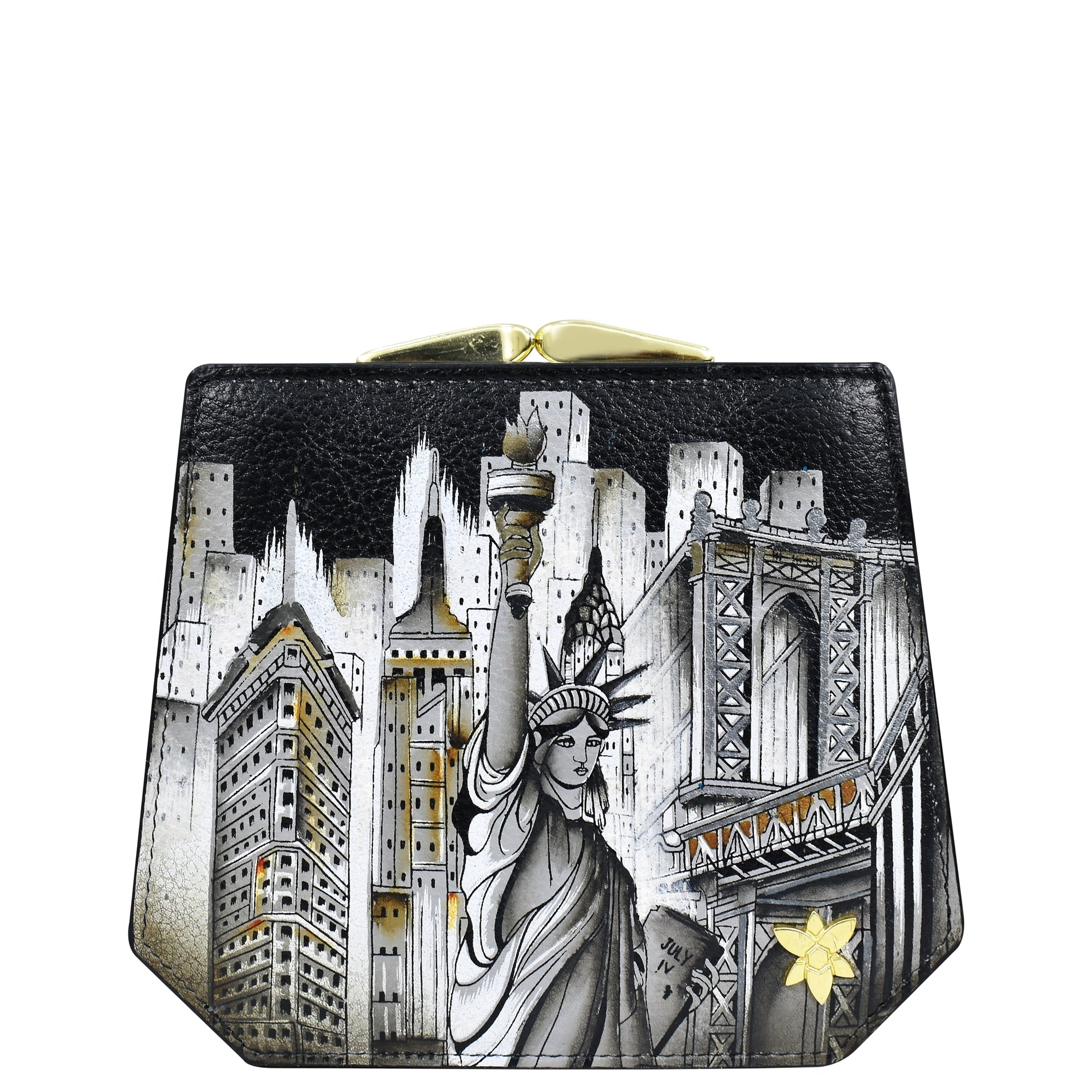 Introducing the Anuschka Two Fold French Wallet - 1181, a compact card holder adorned with an illustration of the Statue of Liberty, skyscrapers, and a bridge set against a captivating cityscape background.