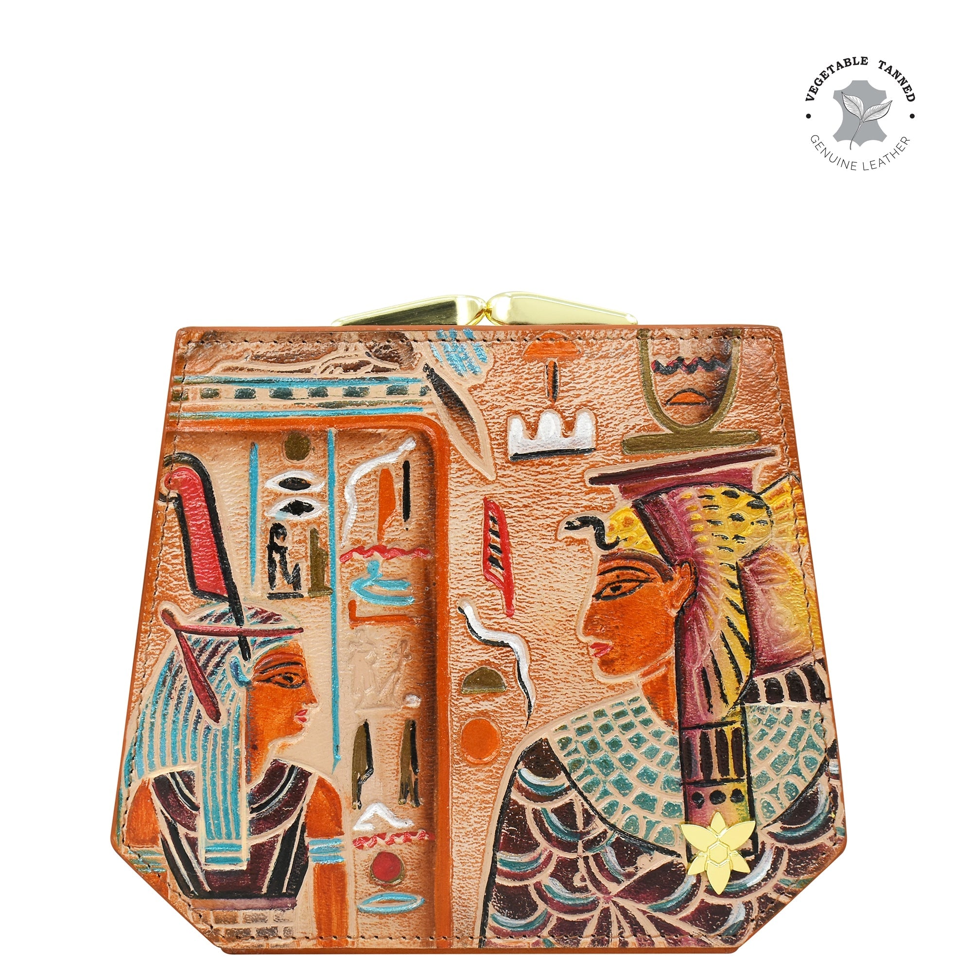 Introducing the Anuschka Two Fold French Wallet - 1181, a sophisticated leather purse adorned with ancient Egyptian-inspired artwork featuring two meticulously hand-painted figures and intricate hieroglyphics. The 'Vegetable Tanned Genuine Leather' logo is elegantly positioned at the top right corner. For your convenience, the interior boasts eleven card holders.