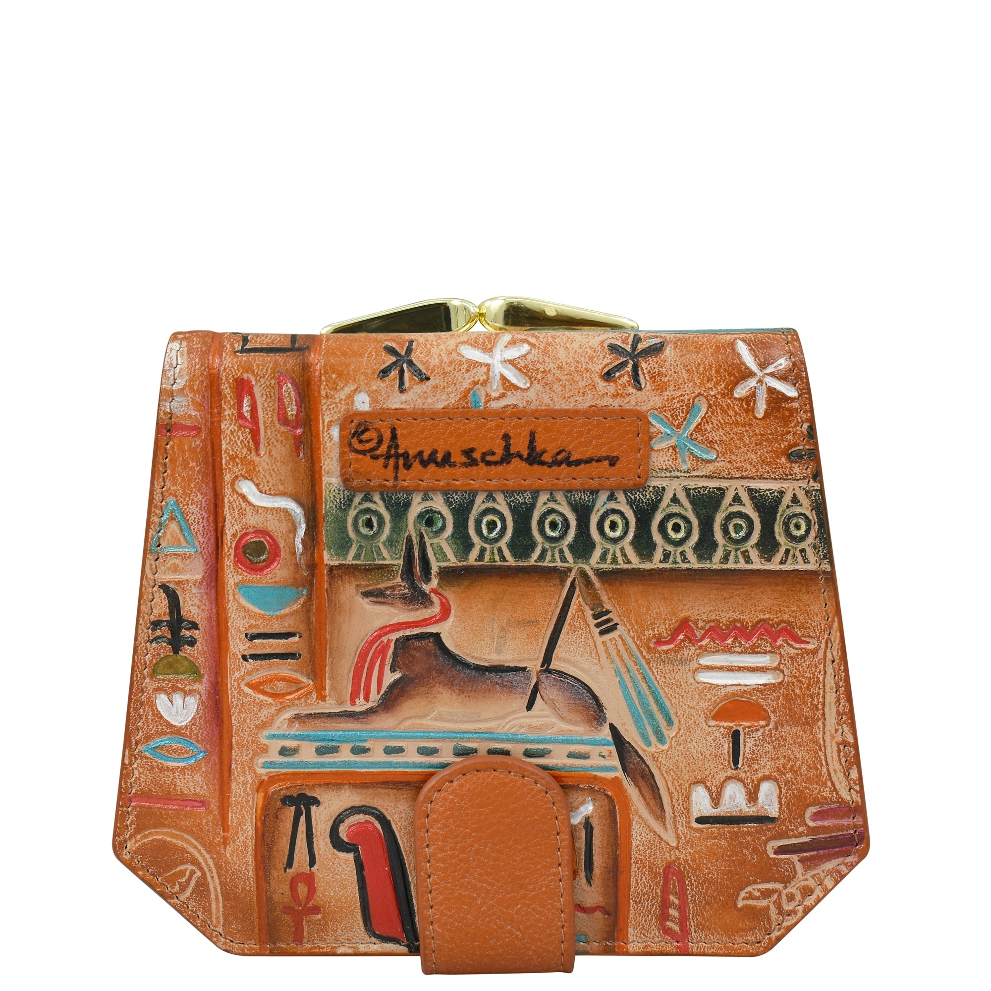 The Two Fold French Wallet - 1181 by Anuschka is a hand-painted brown leather wallet adorned with Egyptian-themed artwork and various symbols. Elegantly inscribed with "Anuschka" on the front, this genuine leather wallet includes eleven card holders, a clasp at the top, and a snap closure at the bottom.