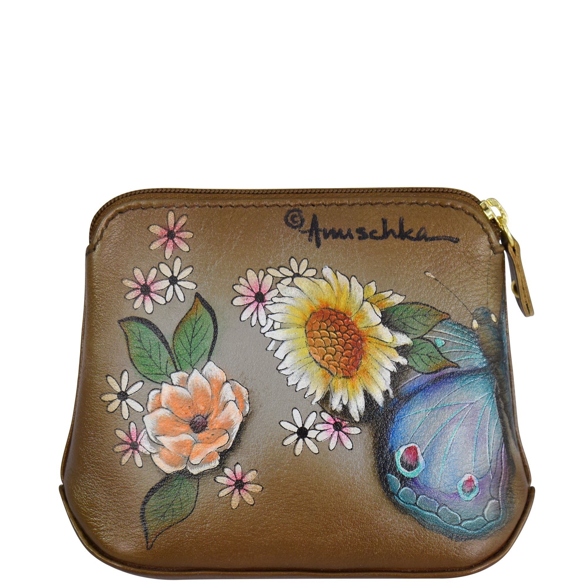 The Anuschka Multi Purpose Zip Pouch - 1182 is a small, slim genuine leather pouch in brown, adorned with beautifully painted designs of flowers and a blue butterfly. It features the word "Anuschka" near the top and is perfect for carrying your minimalist essentials in style.