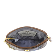 The Anuschka Multi Purpose Zip Pouch - 1182 is a small, genuine leather zippered pouch featuring a floral interior lining and a gold chain strap. This slim zip pouch is the perfect minimalist essential and appears empty.