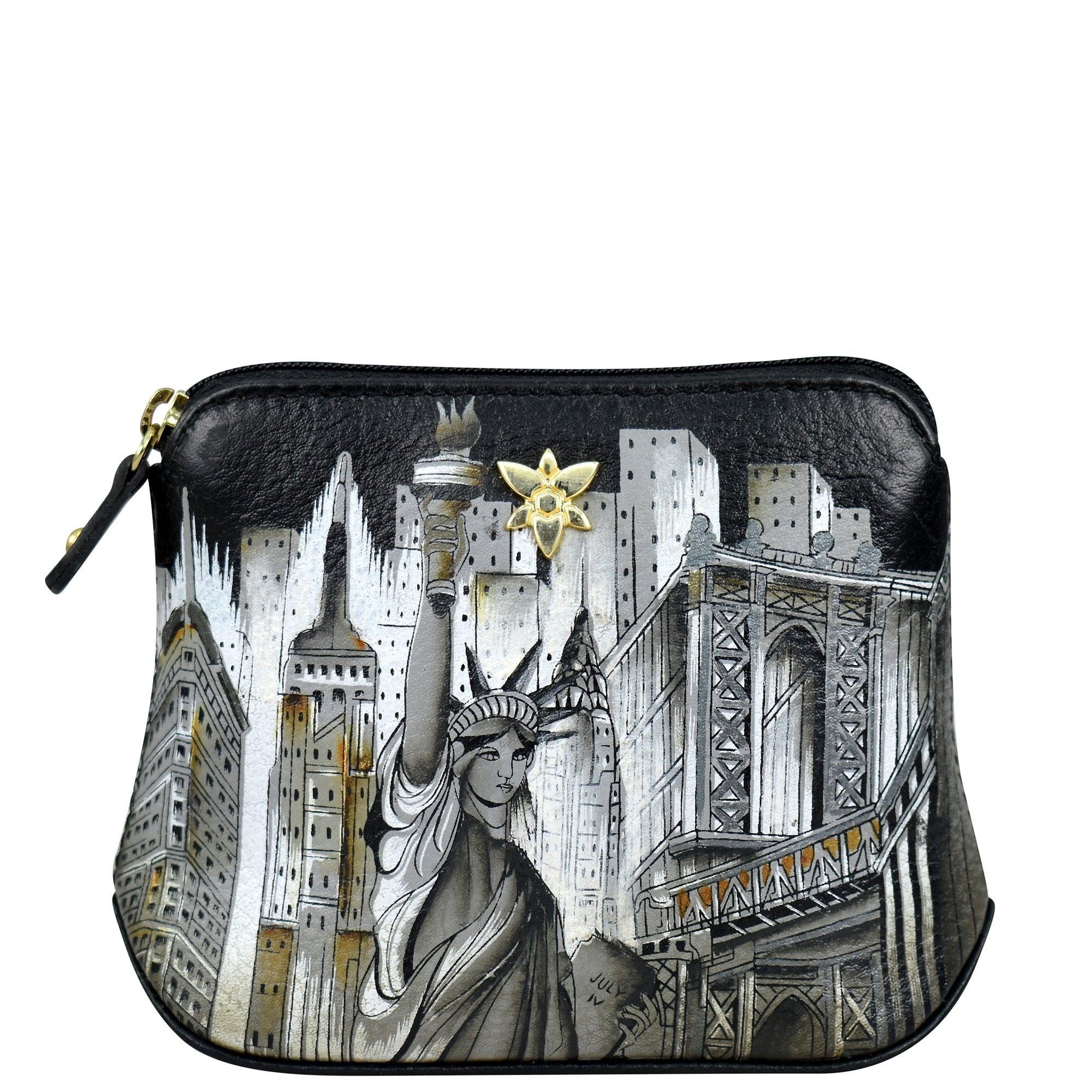 The Anuschka Multi Purpose Zip Pouch - 1182 is a black clutch bag made from genuine leather, adorned with an illustration of the Statue of Liberty and New York City skyscrapers.