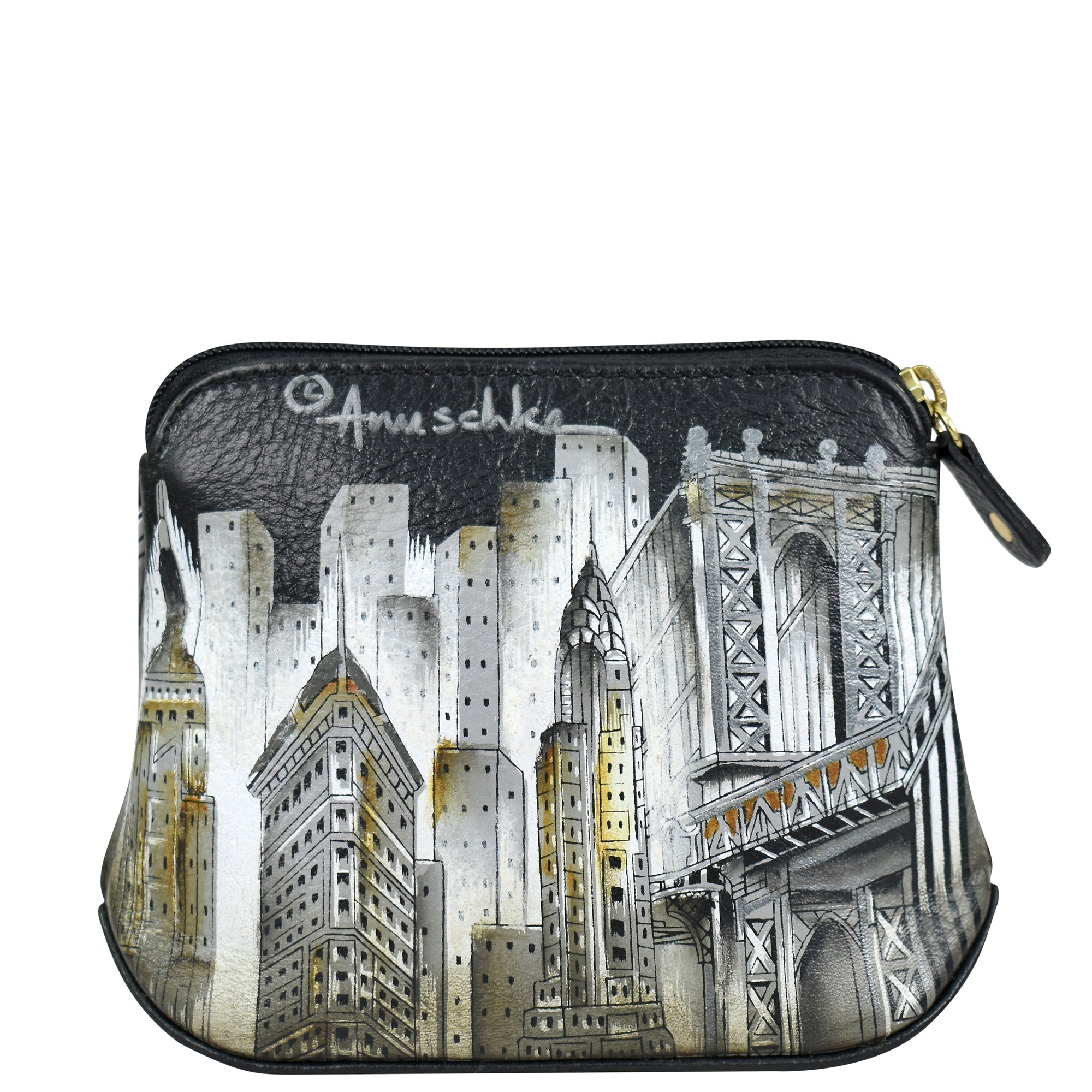 The Multi Purpose Zip Pouch - 1182 by Anuschka is a slim pouch made of genuine leather, adorned with an artistic black and white cityscape painting of tall buildings and a bridge on the front, making it a minimalist essential.