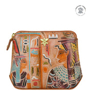 The Anuschka Multi Purpose Zip Pouch - 1182 features an Egyptian art design with figures and hieroglyphs. A gold-toned zipper and emblem accentuate the top, while a "Genuine Leather" stamp is visible in the top right corner. This slim zip pouch is a minimalist essential for any sophisticated wardrobe.