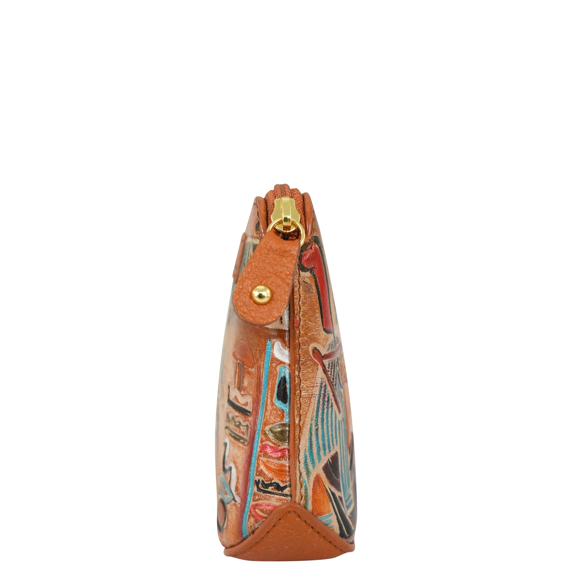 Side view of the Anuschka Multi Purpose Zip Pouch - 1182, a colorful, patterned genuine leather handbag with a zipper closure, featuring a slim design.