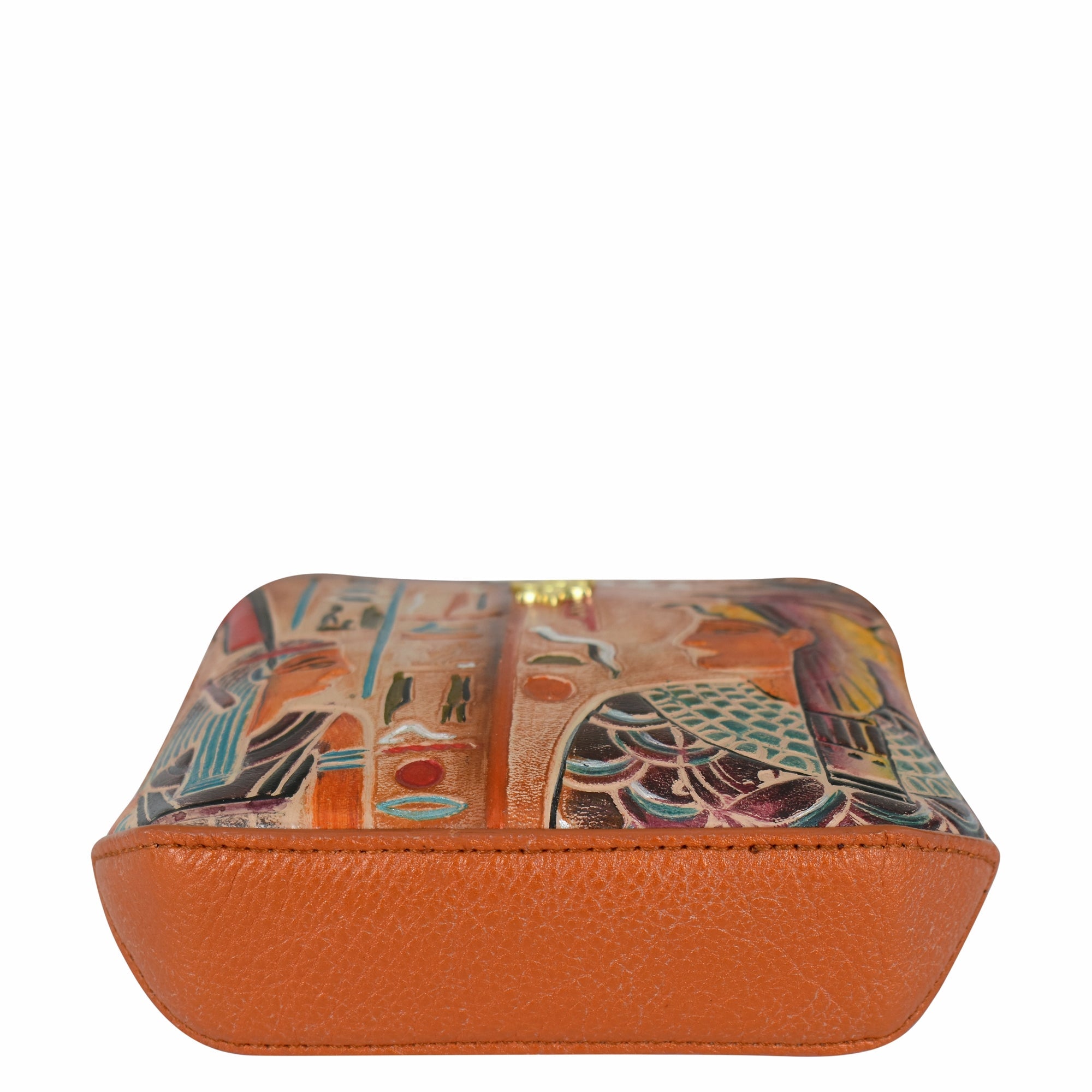 The Anuschka Multi Purpose Zip Pouch - 1182, shown from a front angle, is a rectangular, genuine leather bag featuring colorful patterns and an orange bottom. This minimalist essential seamlessly blends style and functionality.