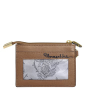 The Anuschka CARD CASE - 1183 is a brown genuine leather wallet featuring an ID window with hand-painted floral-patterned paper. It comes with a zipper closure adorned with gold accents and offers RFID protection.