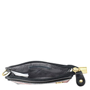 Top view of an open, empty Anuschka CARD CASE - 1183 with a black zipper and gold hardware, revealing an interior with a patterned fabric lining. Crafted from genuine leather, this item also doubles as a hand-painted card organizer.