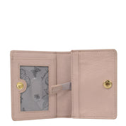 Open the Anuschka Card Organizer Wallet - 1184 in beige genuine leather with a snap closure. It features compartments including a clear ID slot, adorned with hand-painted floral and bee designs.