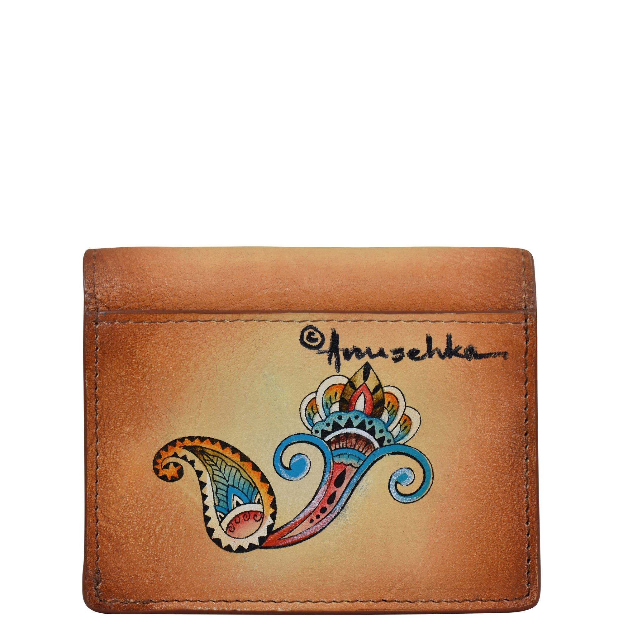 The Anuschka Card Organizer Wallet - 1184 is crafted from genuine brown leather and showcases a colorful, intricate paisley design with the brand's signature "Anuschka" on the front, highlighting its hand-painted artistry.