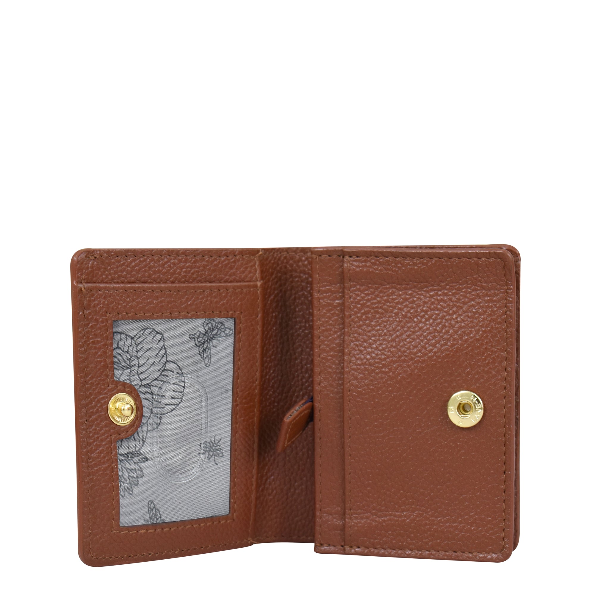 An open Card Organizer Wallet - 1184 by Anuschka, crafted from brown genuine leather, reveals an ID window adorned with a hand-painted floral and bee design. The wallet is equipped with snap button closures on both sides.