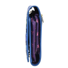 Load image into Gallery viewer, Anuschka Fabric with Leather Trim Toiletry Case - 13001 with a purple interior featuring a butterfly pattern and zippered pockets, shown from the side with the zipper partially open.

