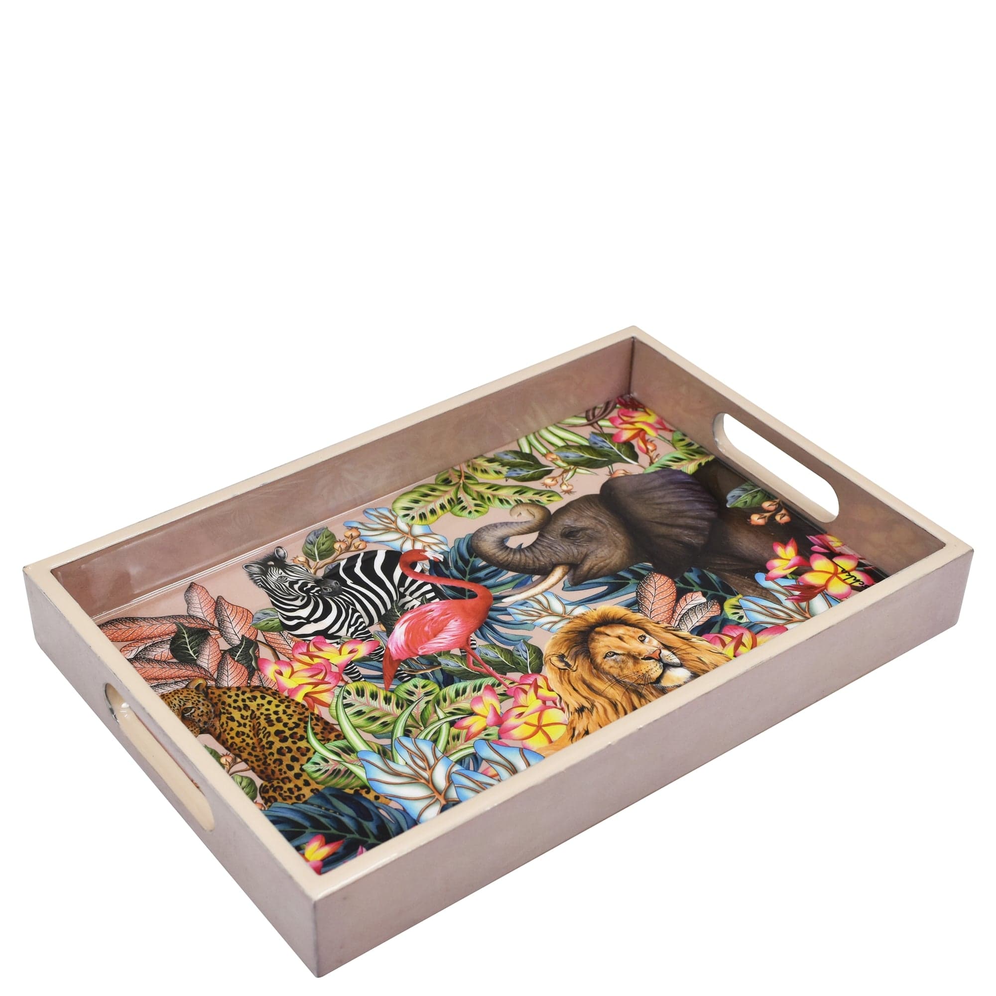 an Anuschka Wooden Printed Tray - 25001 containing assorted toy jungle animals on a decorative, floral background.