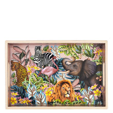 Load image into Gallery viewer, A vibrant painting of various wild animals, including an elephant, lion, zebra, leopard, and flamingo, set amidst colorful jungle foliage, enclosed in a Anuschka mango wood frame.
