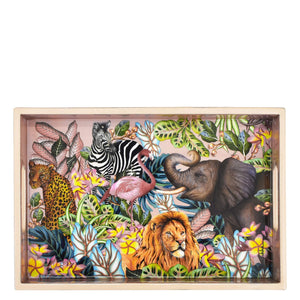 A vibrant painting of various wild animals, including an elephant, lion, zebra, leopard, and flamingo, set amidst colorful jungle foliage, enclosed in a Anuschka mango wood frame.